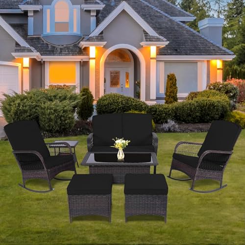 LEVELEVE Patio Furniture Set Outdoor Rattan Chair Wicker Sofa Garden Conversation Bistro Sets w/Loveseat for Yard,Pool or Backyard (7PC-2 Rocking Chair+Table+2 Ottoman)