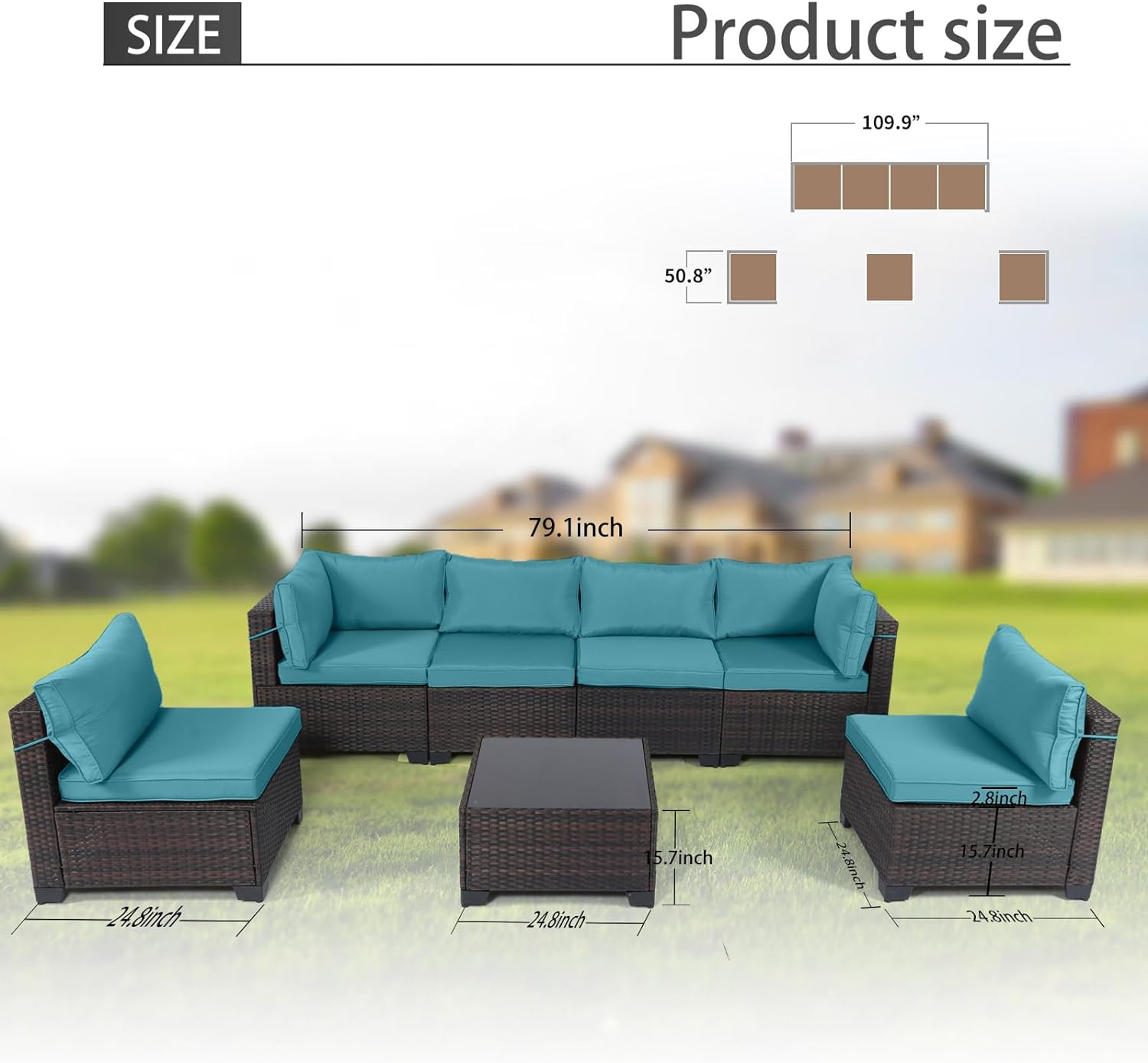 Outdoor Patio Furniture Sets: 7-Piece Rattan Conversation Sectional Set with Wicker Sofa & Tea Table