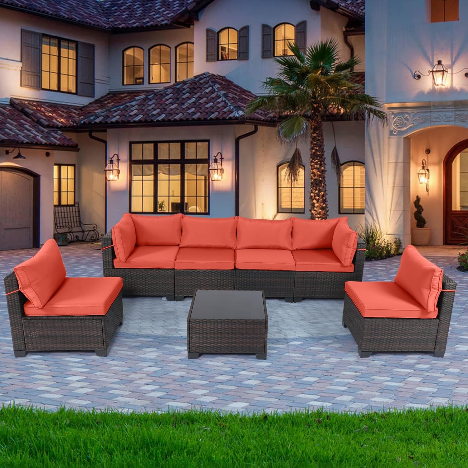 Outdoor Patio Furniture Sets: 7-Piece Rattan Conversation Sectional Set with Wicker Sofa & Tea Table