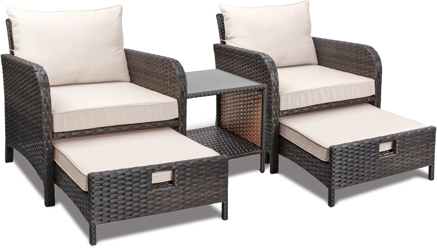 5 Piece Patio Conversation Set with Wicker Rattan Outdoor Lounge Chairs, Soft Cushions, Ottoman, Glass Table