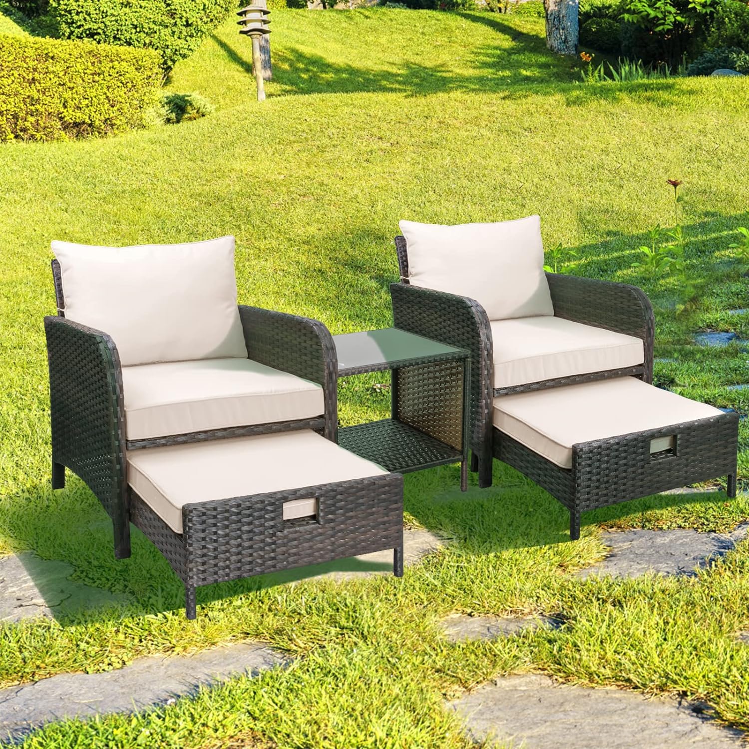 5 Piece Patio Conversation Set with Wicker Rattan Outdoor Lounge Chairs, Soft Cushions, Ottoman, Glass Table