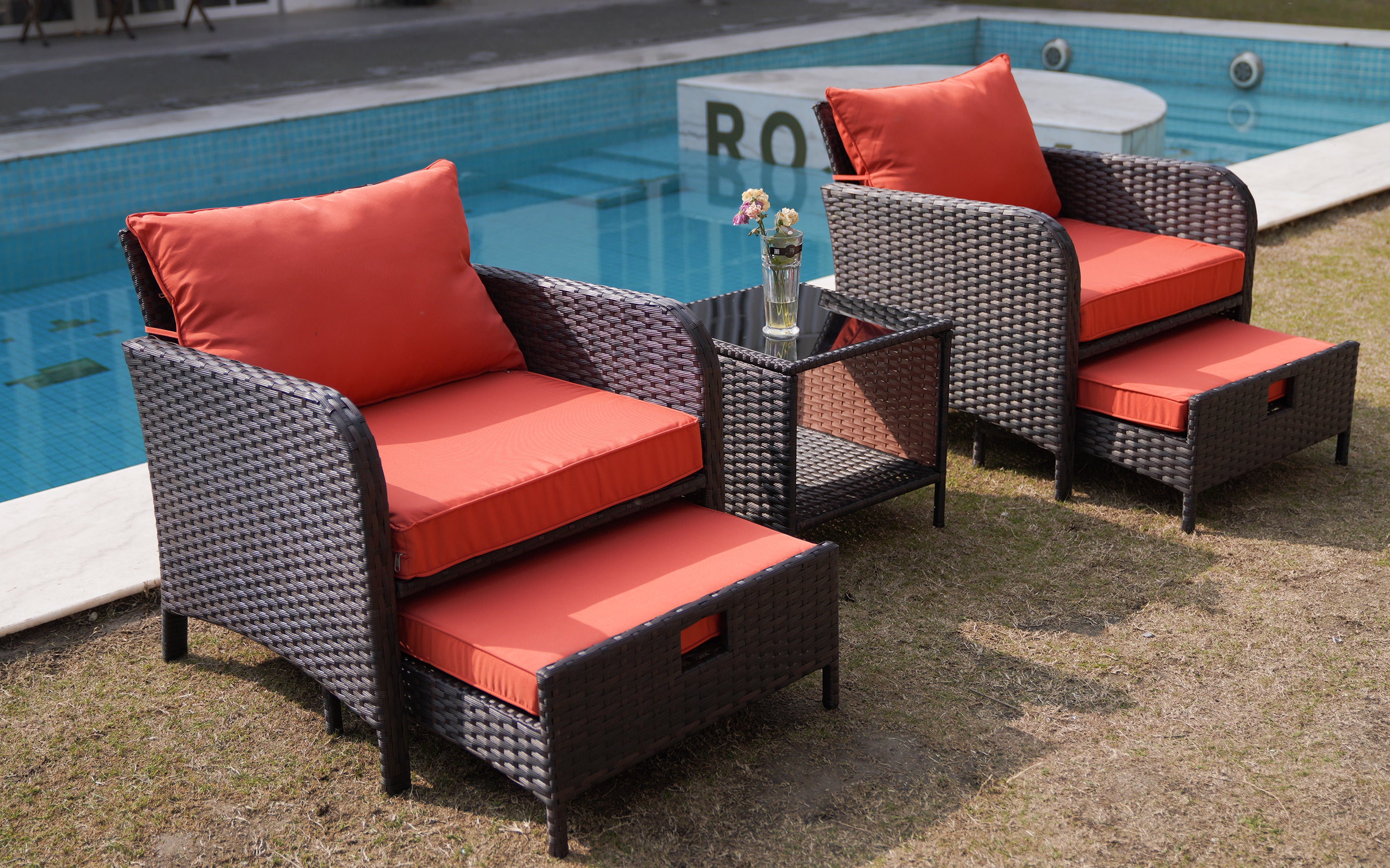 5 Piece Patio Conversation Set with Wicker Rattan Outdoor Lounge Chairs, Soft Cushions, Ottoman, Glass Table