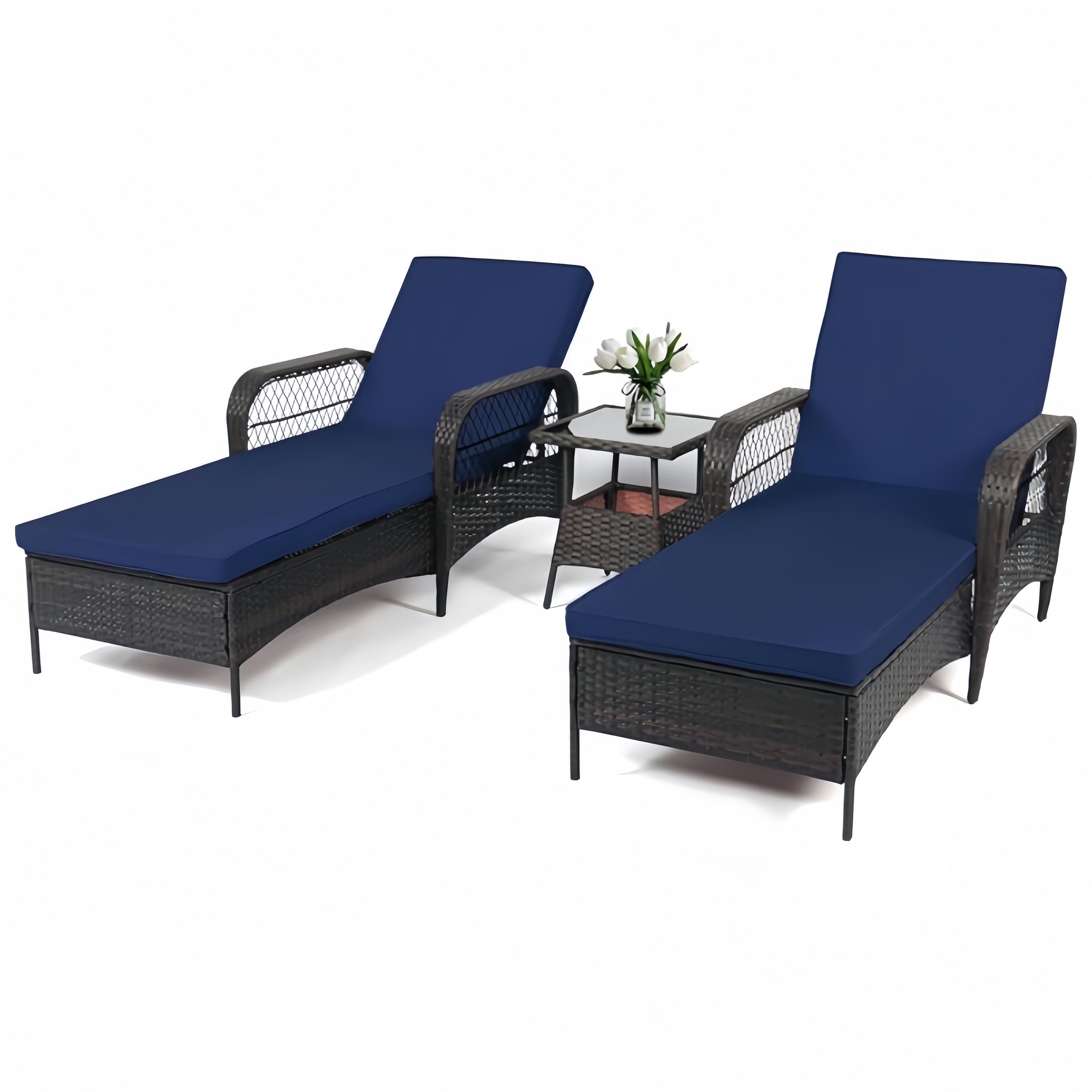 Rattan Outdoor Patio Lounge Chair with 6 Adjustable Positions, Armrests, and Padded Cushions