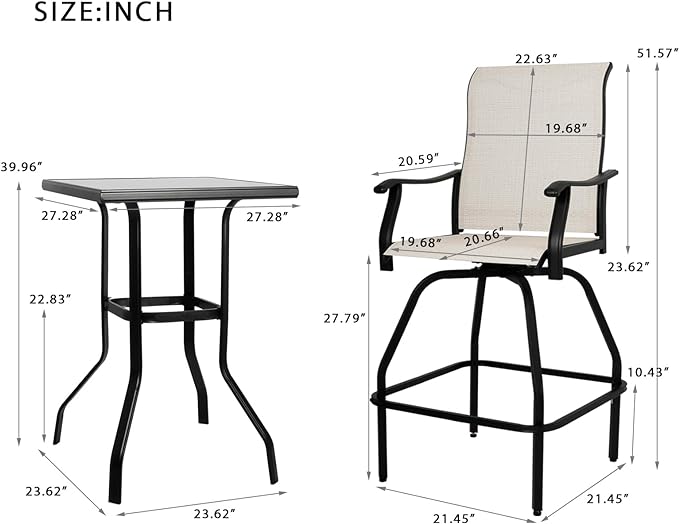 Patio Bar Set Swivel Bar Stools Outdoor Bistro Texteline Stability All-Weather Furniture Set with Height Table