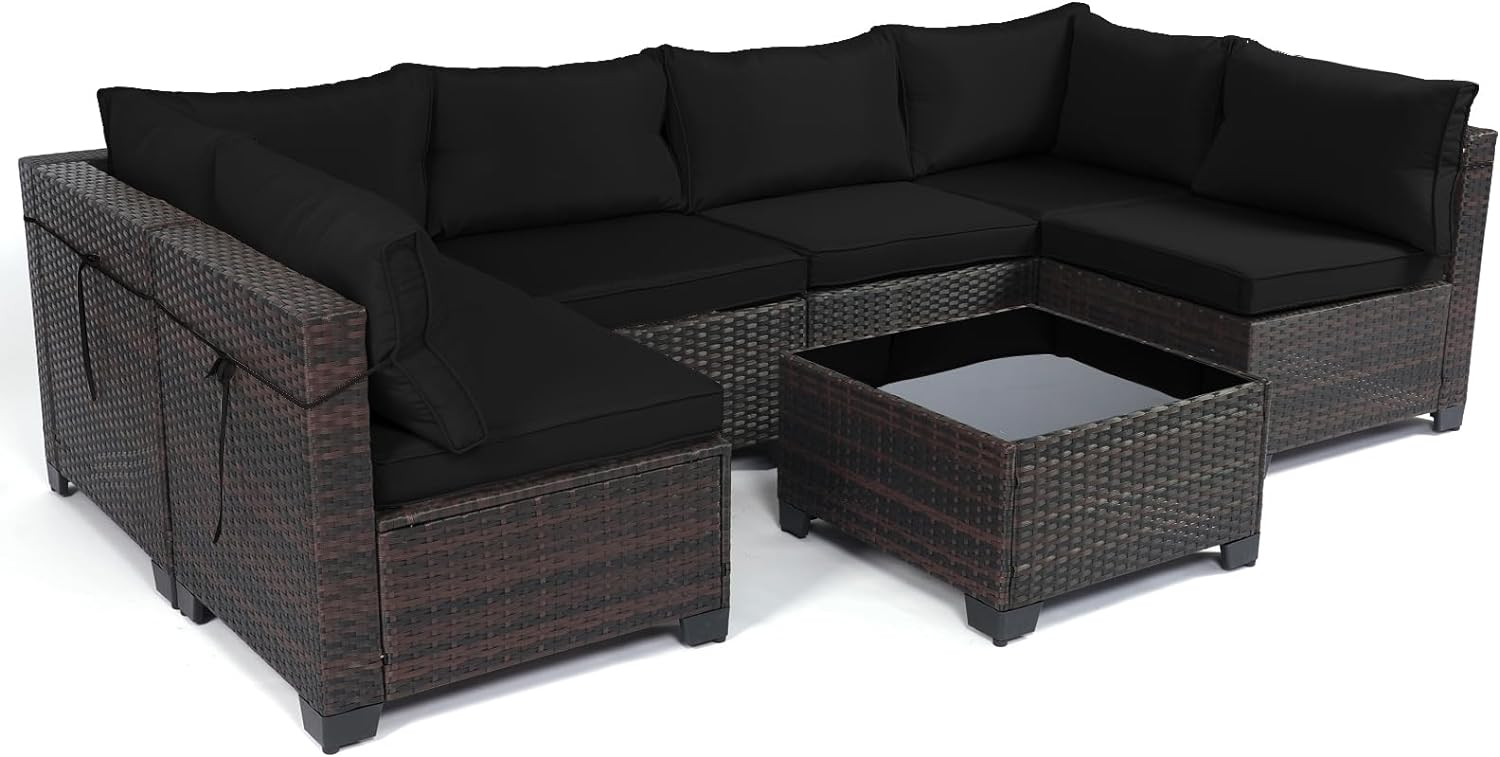 Outdoor Patio Furniture Sets: 7-Piece Rattan Conversation Sectional Set with Wicker Sofa & Tea Table