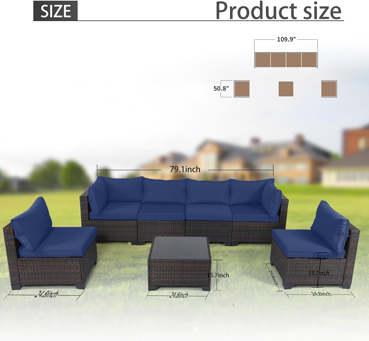 Outdoor Patio Furniture Sets: 7-Piece Rattan Conversation Sectional Set with Wicker Sofa & Tea Table