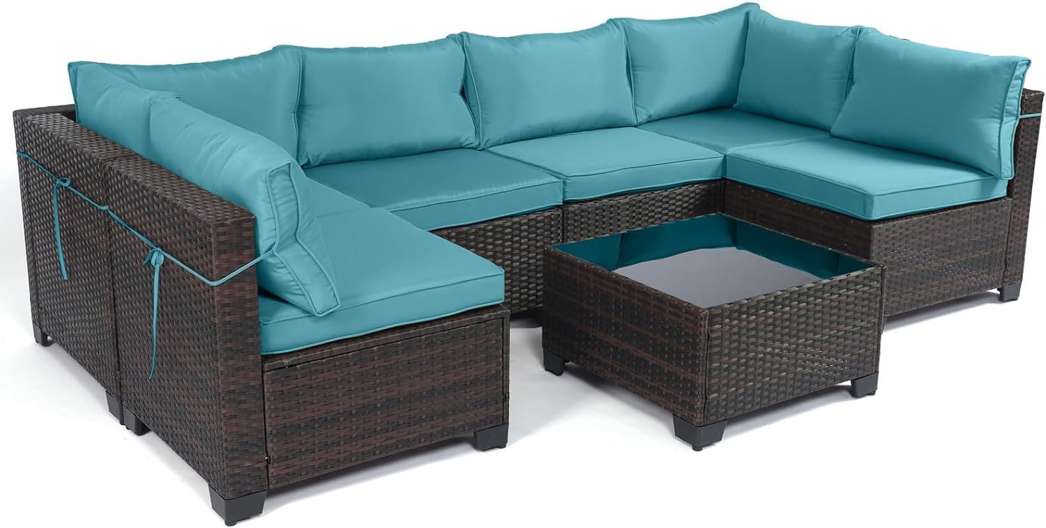 Outdoor Patio Furniture Sets: 7-Piece Rattan Conversation Sectional Set with Wicker Sofa & Tea Table