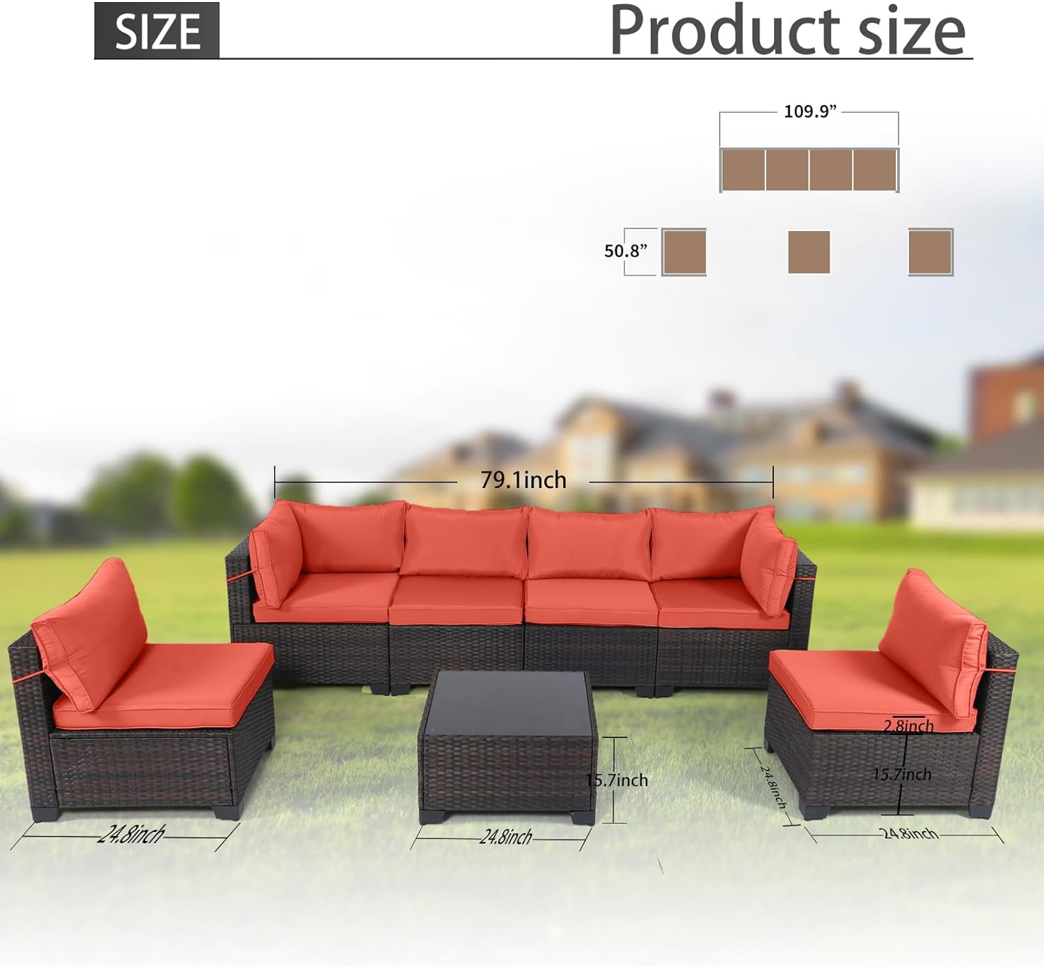 Outdoor Patio Furniture Sets: 7-Piece Rattan Conversation Sectional Set with Wicker Sofa & Tea Table