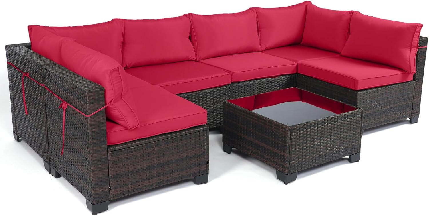 Outdoor Patio Furniture Sets: 7-Piece Rattan Conversation Sectional Set with Wicker Sofa & Tea Table