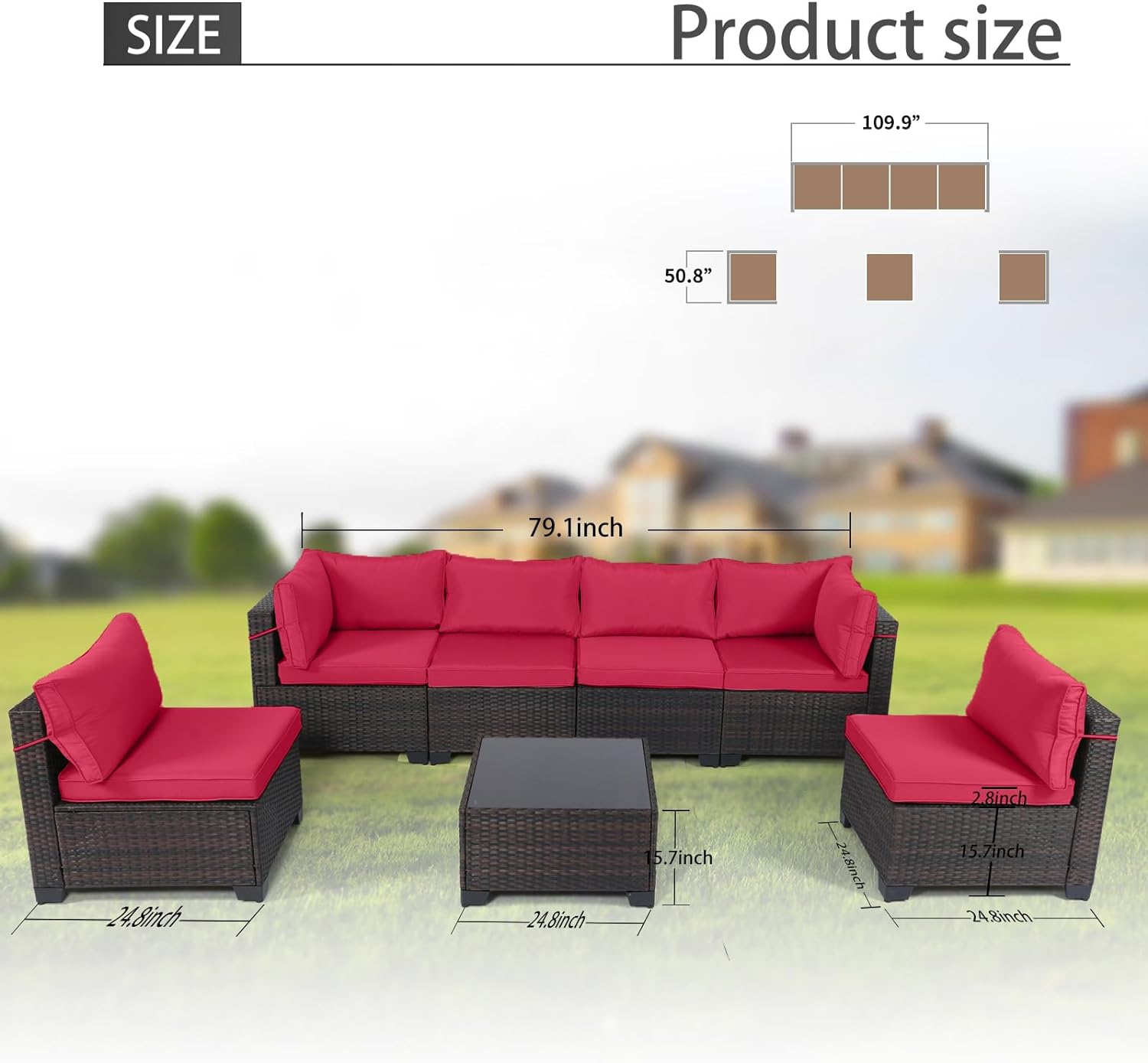 Outdoor Patio Furniture Sets: 7-Piece Rattan Conversation Sectional Set with Wicker Sofa & Tea Table