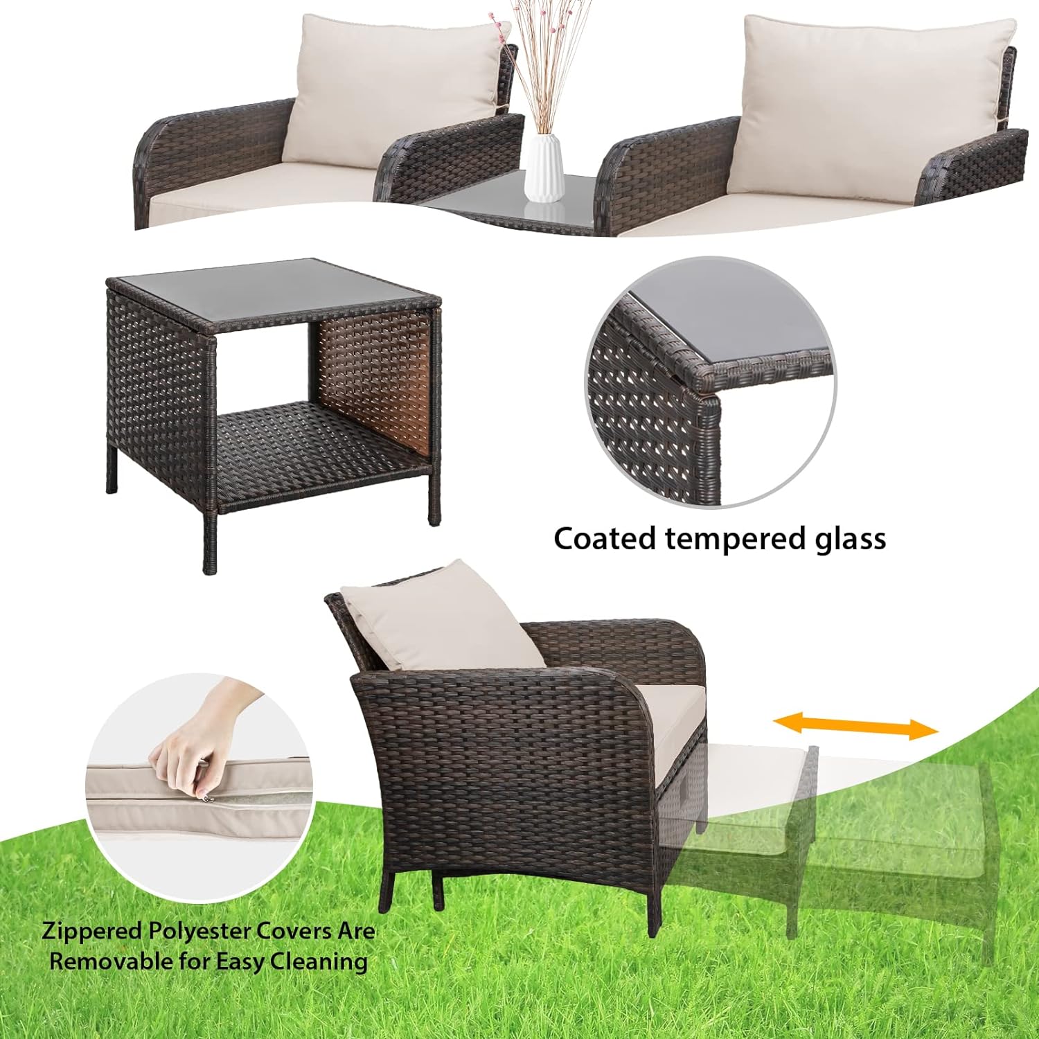 5 Piece Patio Conversation Set with Wicker Rattan Outdoor Lounge Chairs, Soft Cushions, Ottoman, Glass Table