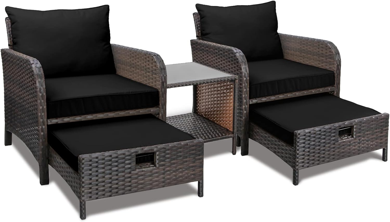 5 Piece Patio Conversation Set with Wicker Rattan Outdoor Lounge Chairs, Soft Cushions, Ottoman, Glass Table