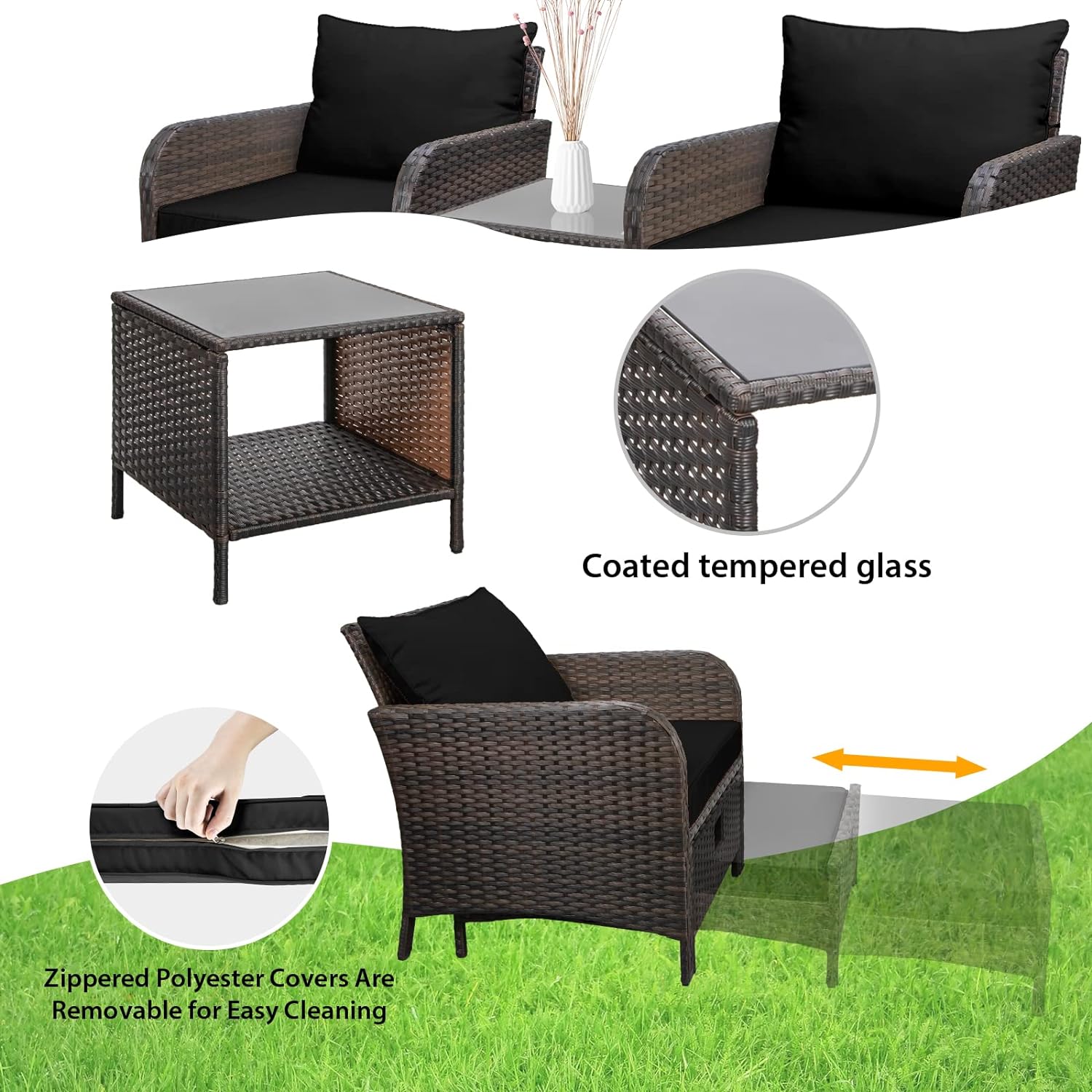 5 Piece Patio Conversation Set with Wicker Rattan Outdoor Lounge Chairs, Soft Cushions, Ottoman, Glass Table