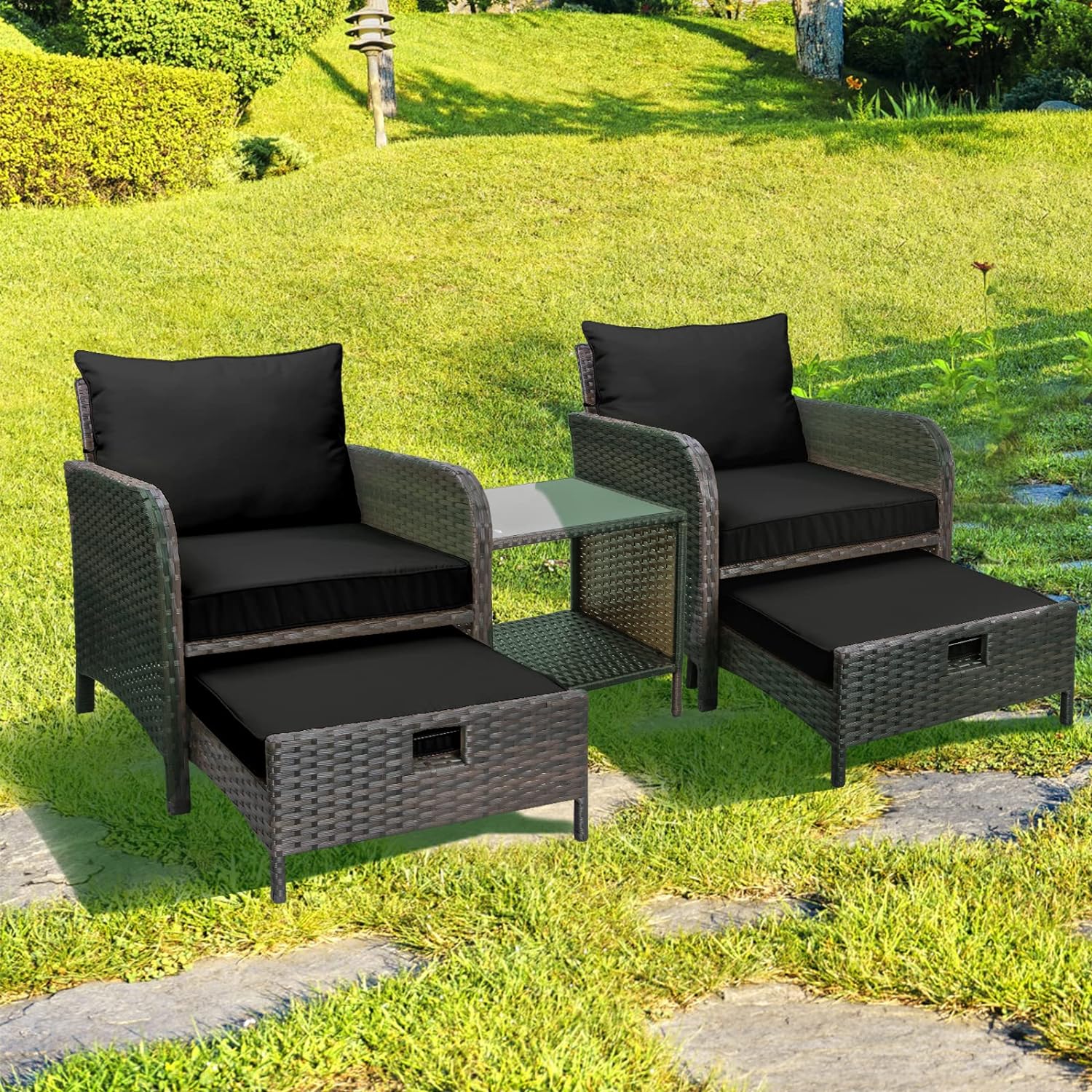 5 Piece Patio Conversation Set with Wicker Rattan Outdoor Lounge Chairs, Soft Cushions, Ottoman, Glass Table