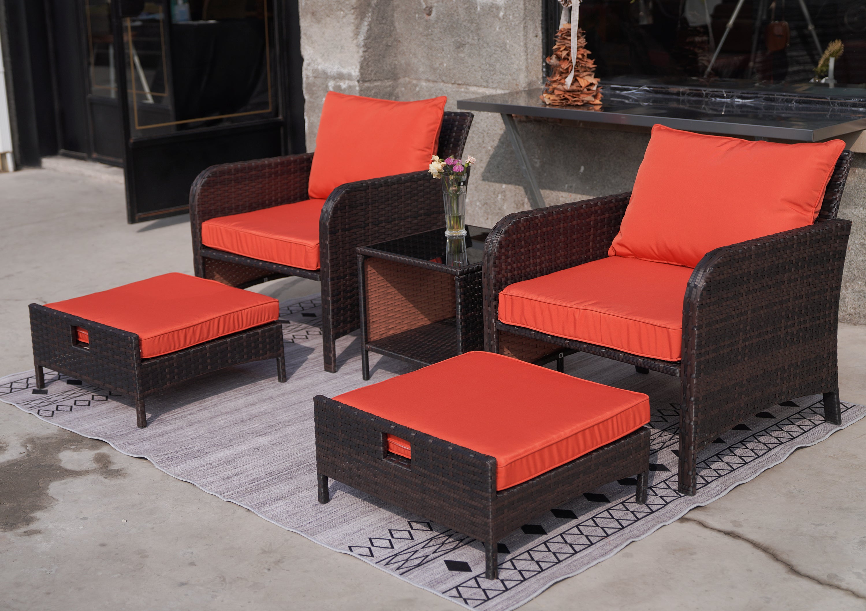 5 Piece Patio Conversation Set with Wicker Rattan Outdoor Lounge Chairs, Soft Cushions, Ottoman, Glass Table