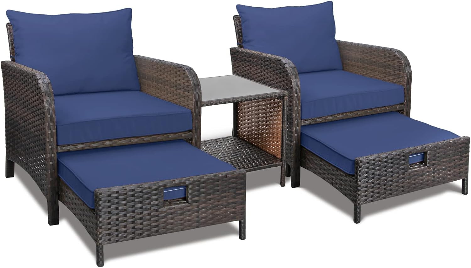 5 Piece Patio Conversation Set with Wicker Rattan Outdoor Lounge Chairs, Soft Cushions, Ottoman, Glass Table