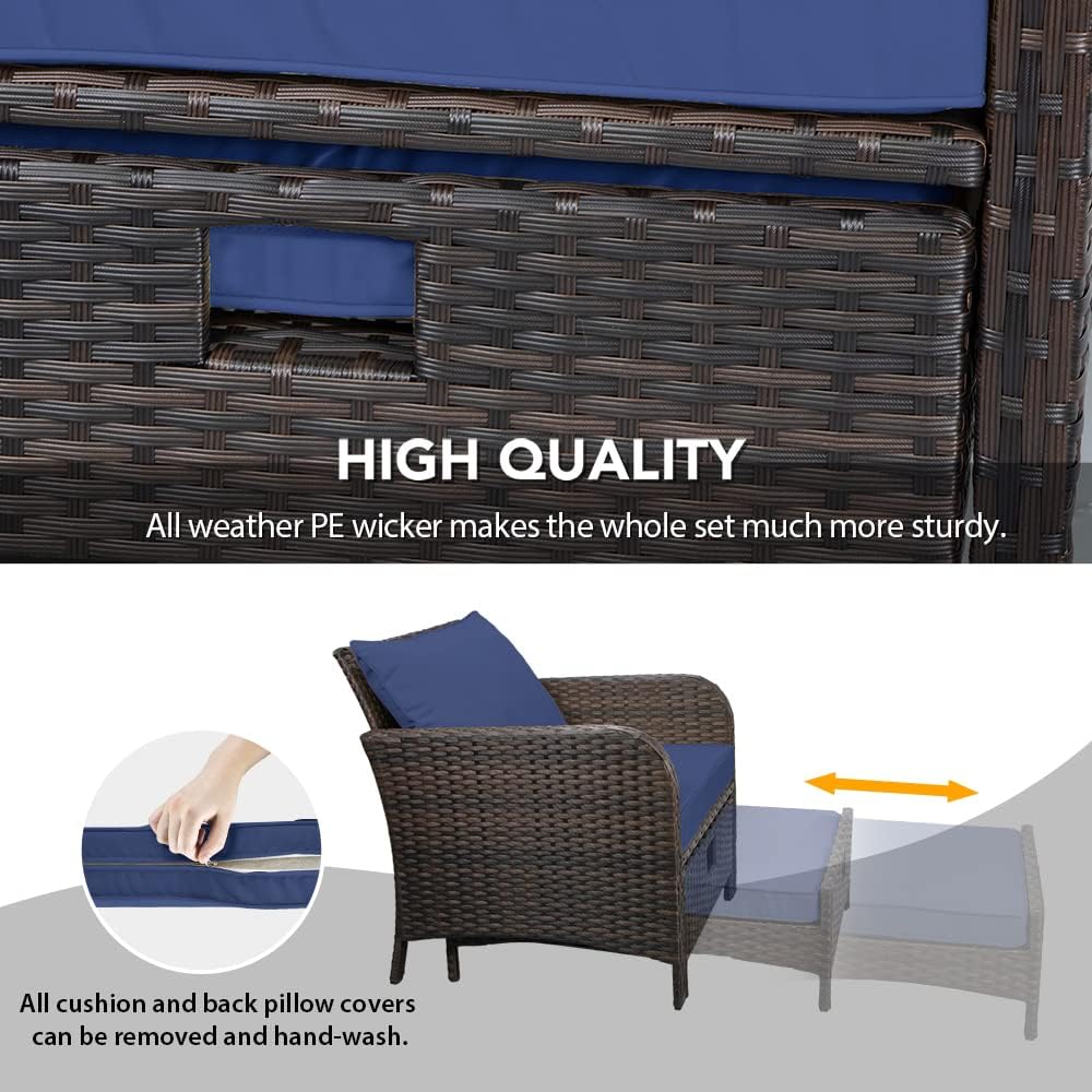 5 Piece Patio Conversation Set with Wicker Rattan Outdoor Lounge Chairs, Soft Cushions, Ottoman, Glass Table