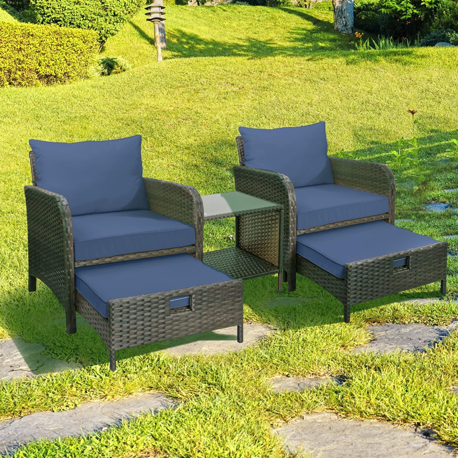 5 Piece Patio Conversation Set with Wicker Rattan Outdoor Lounge Chairs, Soft Cushions, Ottoman, Glass Table