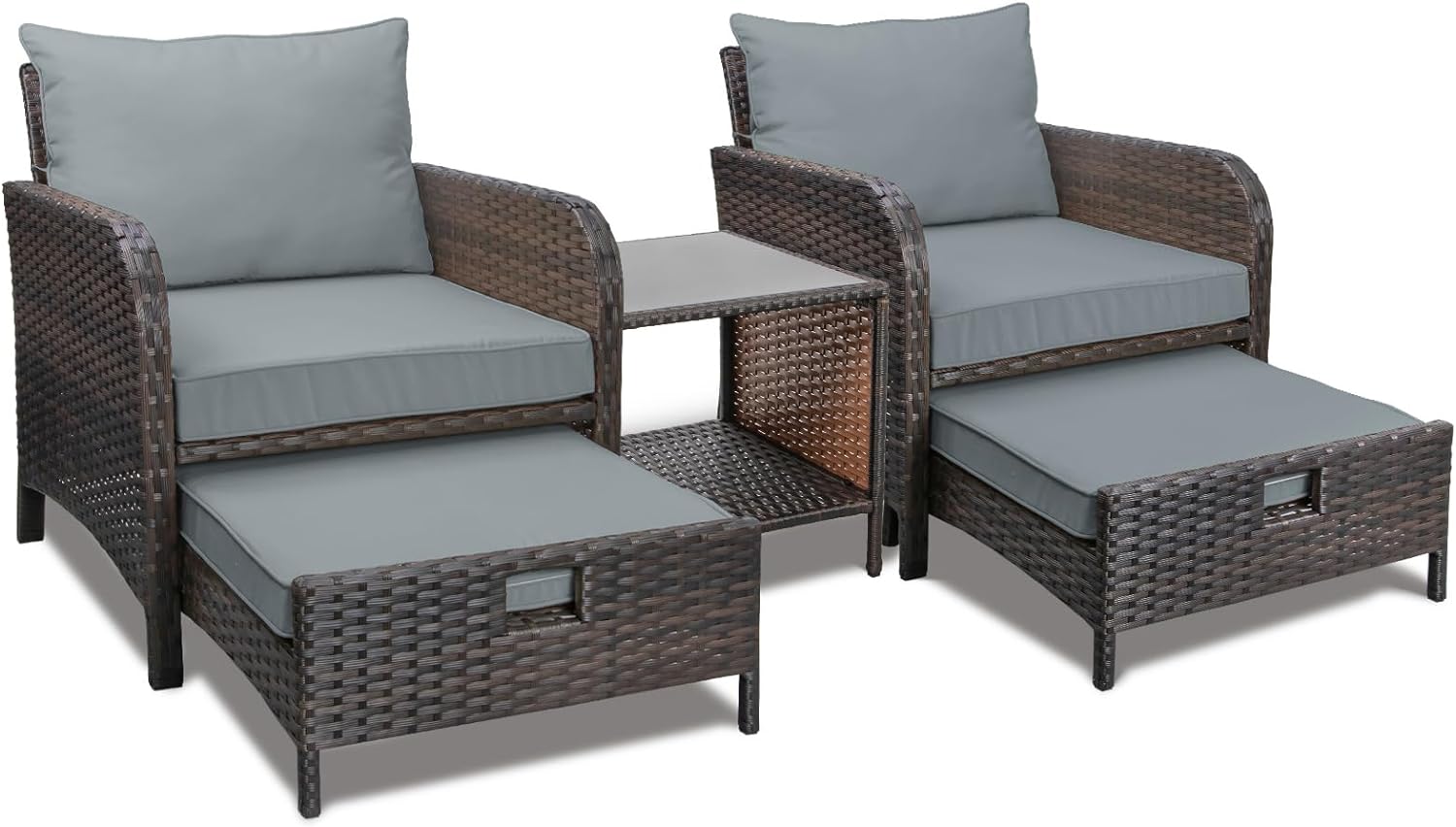 5 Piece Patio Conversation Set with Wicker Rattan Outdoor Lounge Chairs, Soft Cushions, Ottoman, Glass Table