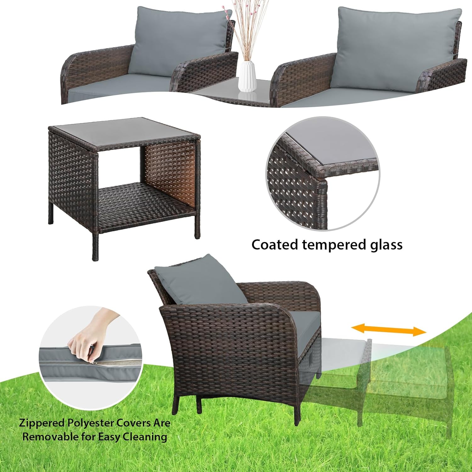 5 Piece Patio Conversation Set with Wicker Rattan Outdoor Lounge Chairs, Soft Cushions, Ottoman, Glass Table