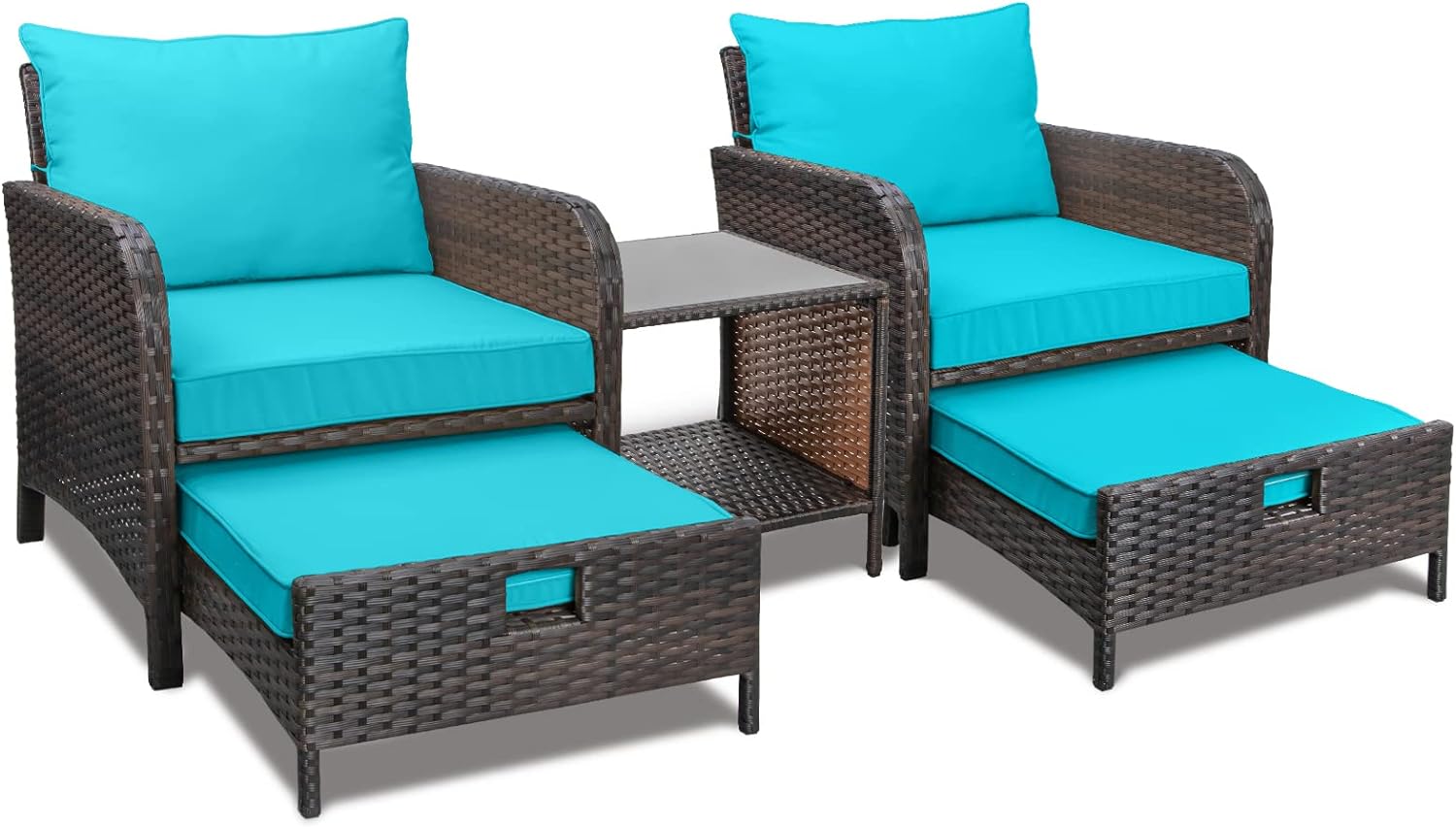 5 Piece Patio Conversation Set with Wicker Rattan Outdoor Lounge Chairs, Soft Cushions, Ottoman, Glass Table