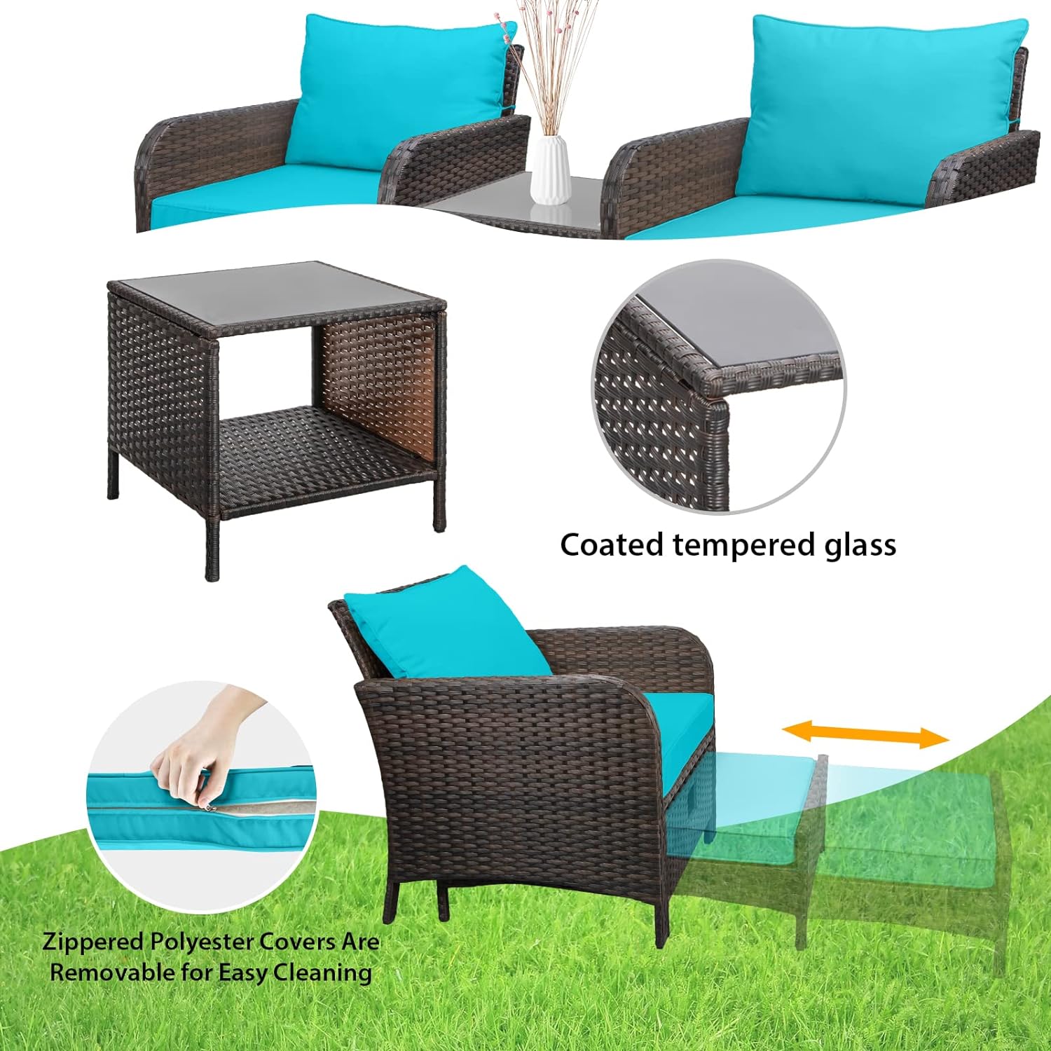 5 Piece Patio Conversation Set with Wicker Rattan Outdoor Lounge Chairs, Soft Cushions, Ottoman, Glass Table