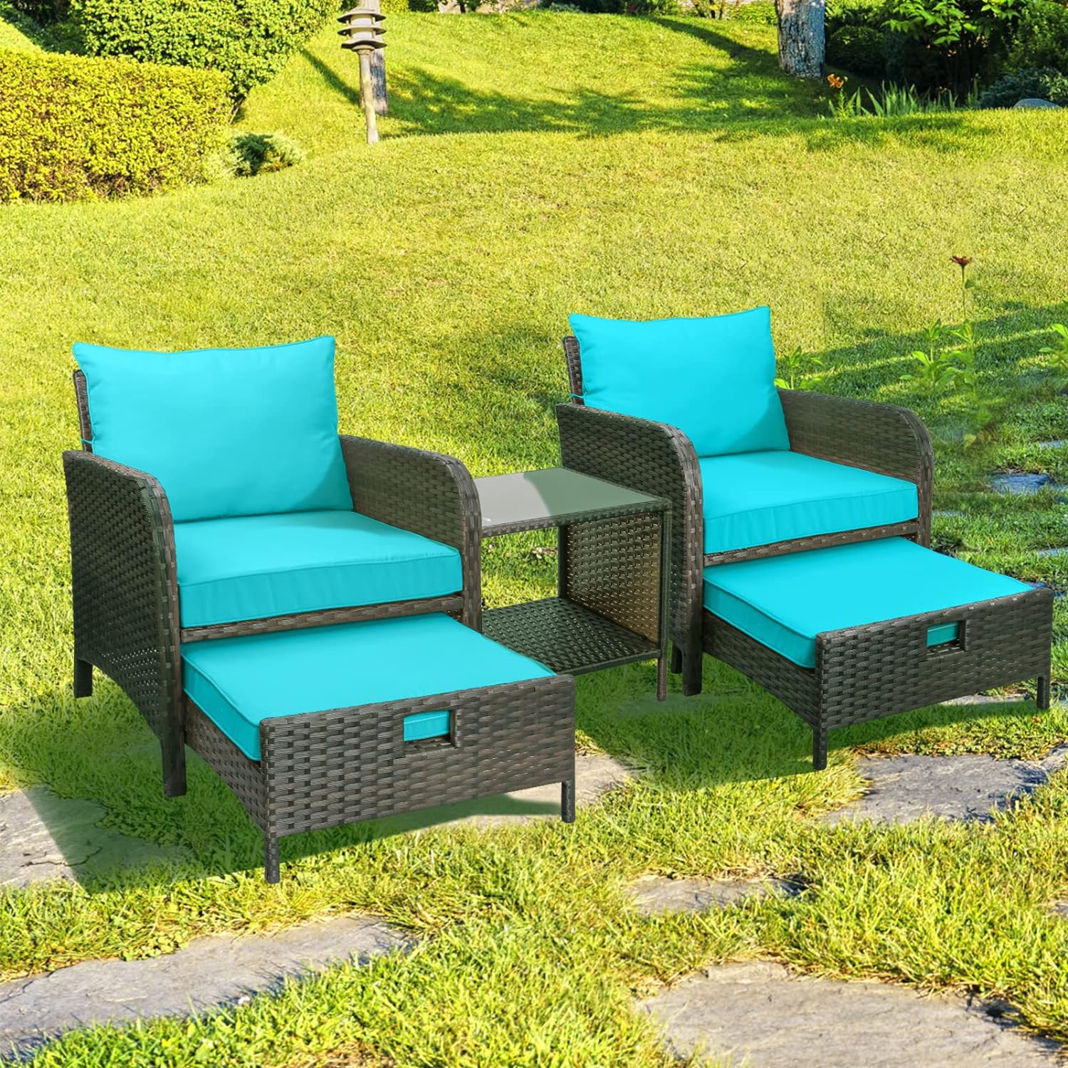 5 Piece Patio Conversation Set with Wicker Rattan Outdoor Lounge Chairs, Soft Cushions, Ottoman, Glass Table