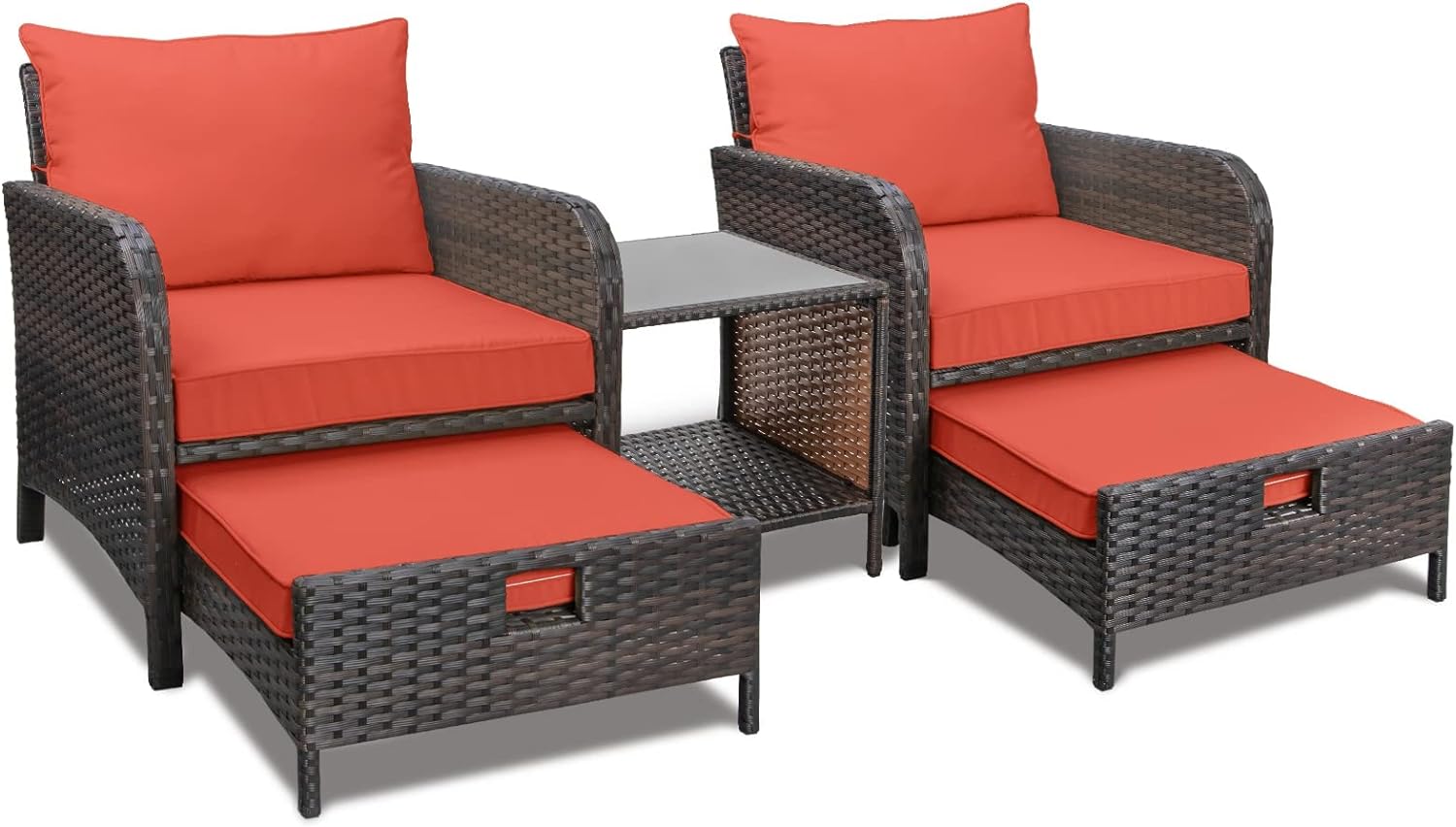 Balcony Furniture 5 Piece Patio Conversation Set PE Wicker Rattan Outdoor Lounge Chairs with Soft Cushions 2 Ottoman Glass Table for Porch Lawn Brown Wicker