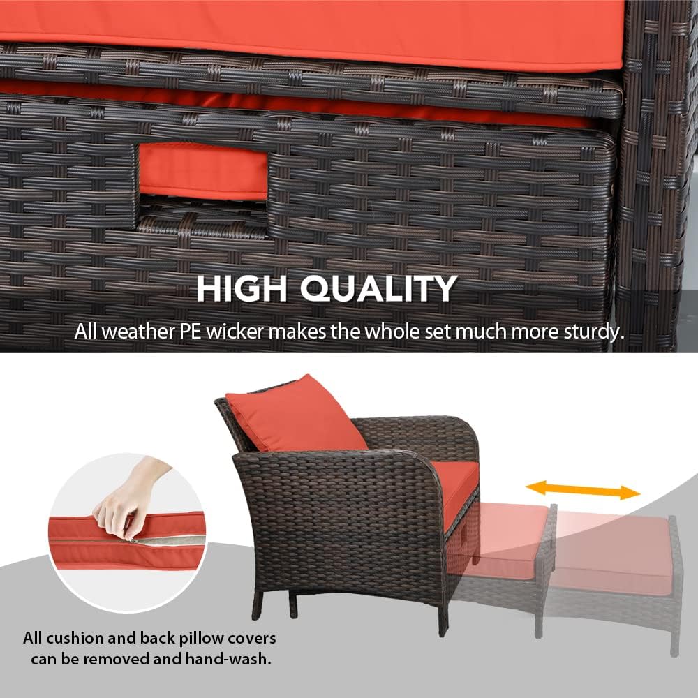 5 Piece Patio Conversation Set with Wicker Rattan Outdoor Lounge Chairs, Soft Cushions, Ottoman, Glass Table