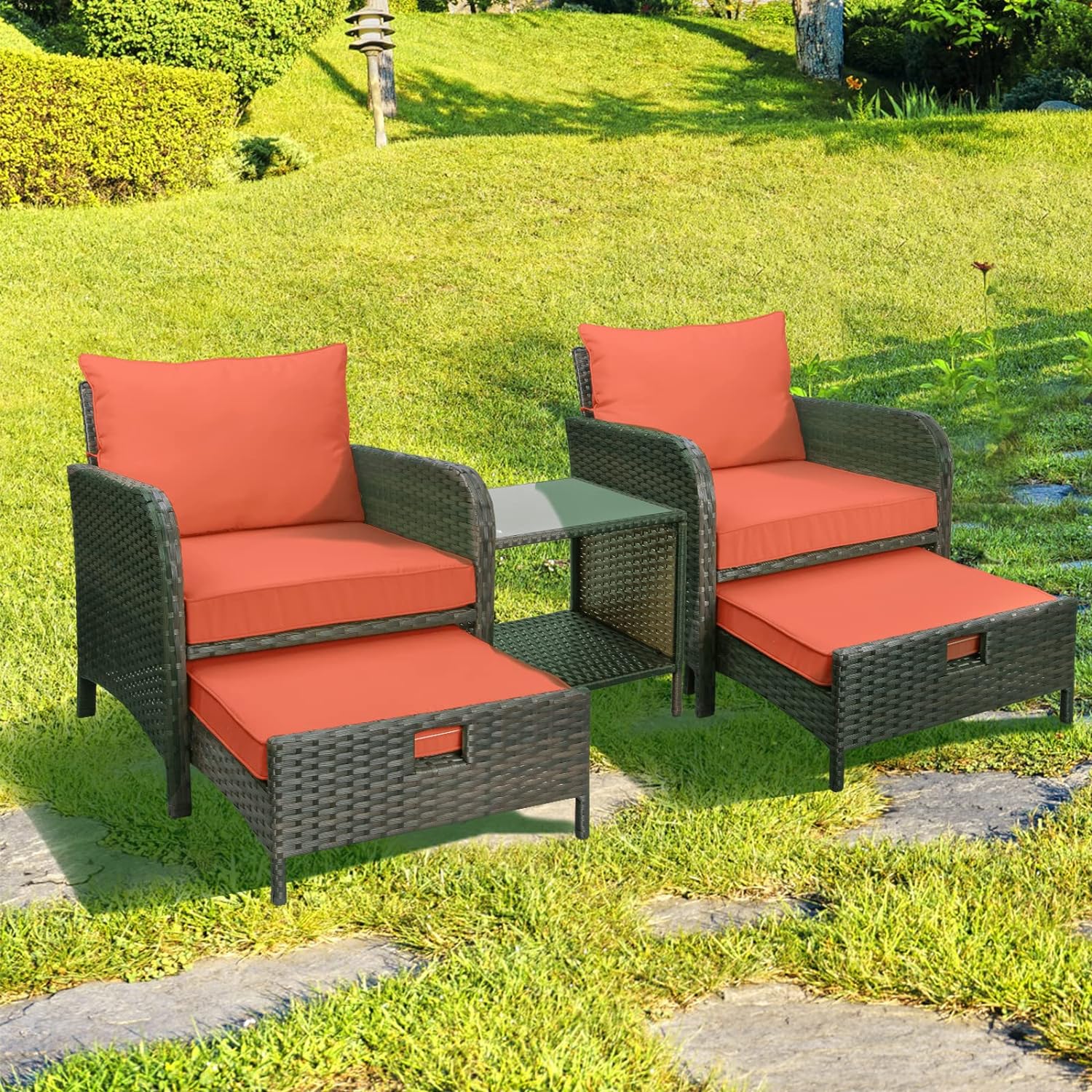 5 Piece Patio Conversation Set with Wicker Rattan Outdoor Lounge Chairs, Soft Cushions, Ottoman, Glass Table