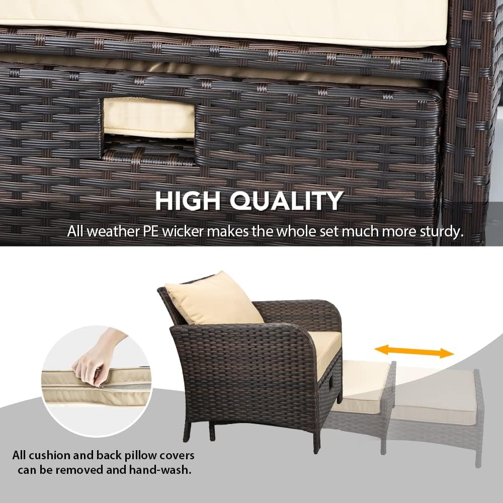 5 Piece Patio Conversation Set with Wicker Rattan Outdoor Lounge Chairs, Soft Cushions, Ottoman, Glass Table