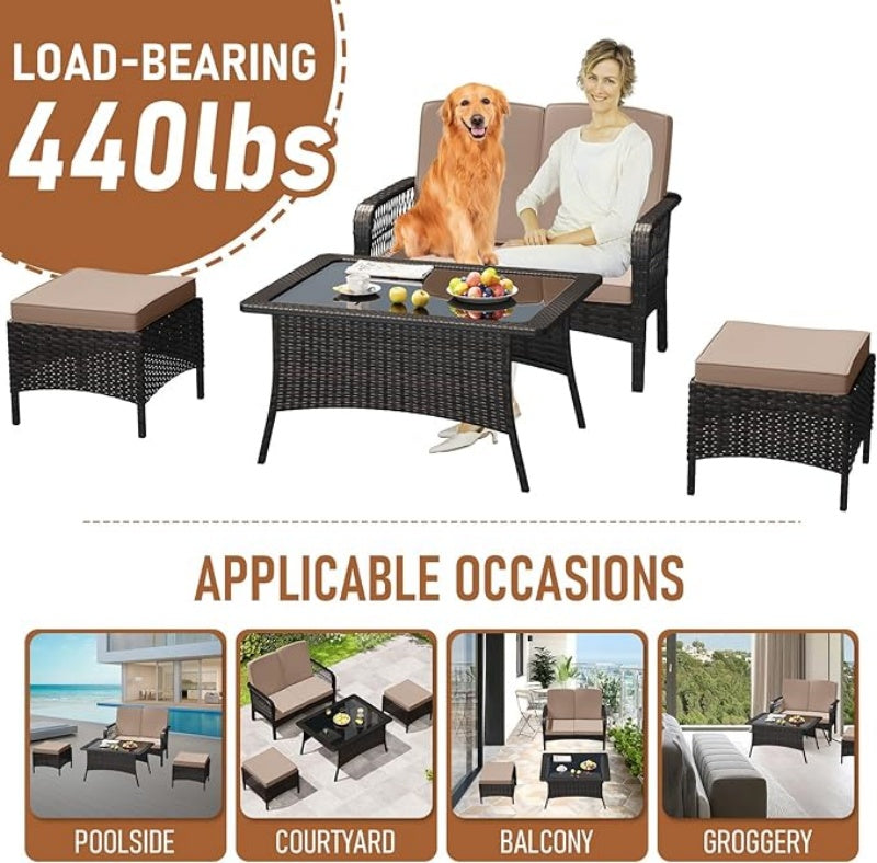 Outdoor Rattan Patio Furniture Set with Wicker Loveseat, Chairs, Table