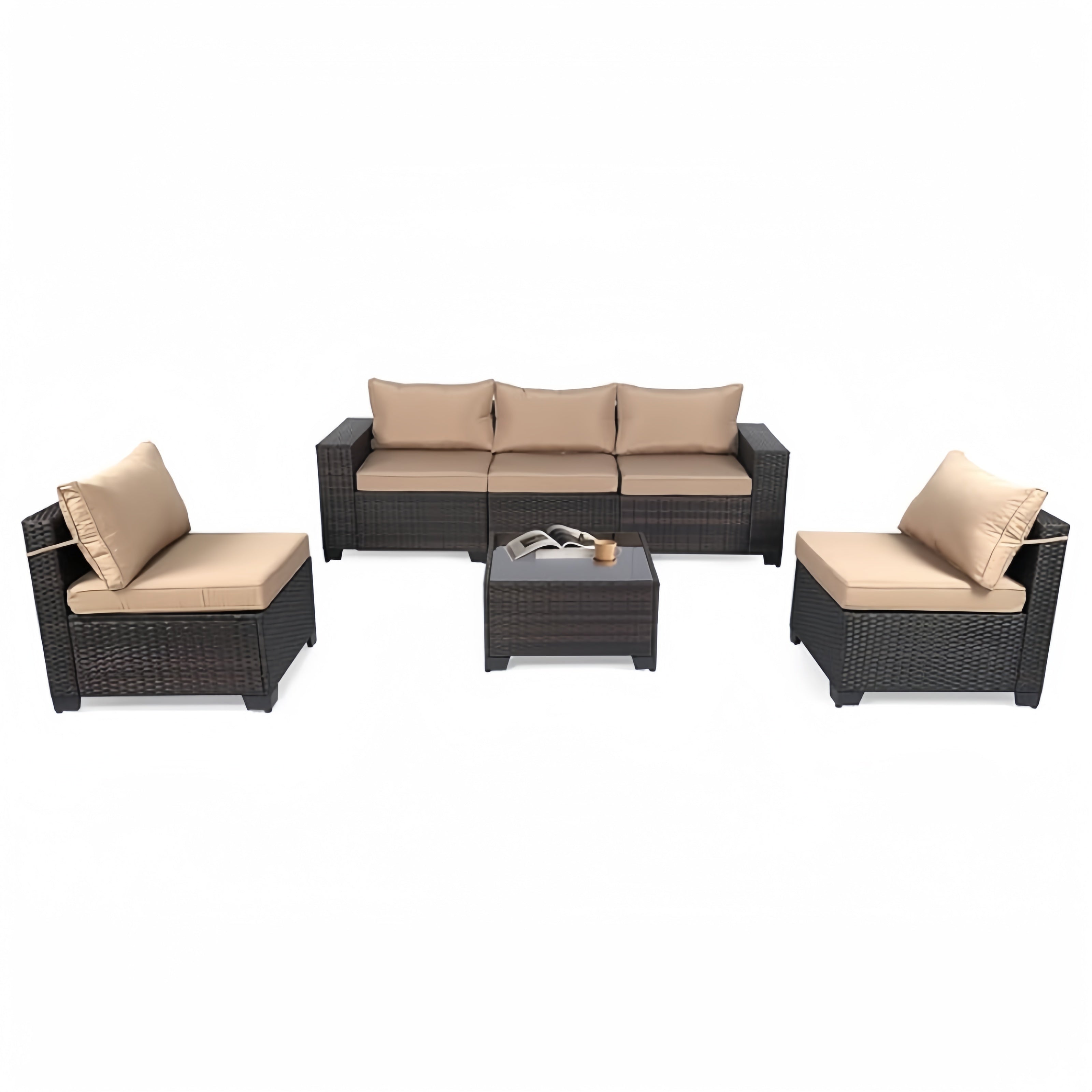 Outdoor Rattan Conversation Sectional Patio Furniture Set 6 Piece with Manual Wicker Weaving, Table & Wide Armrests